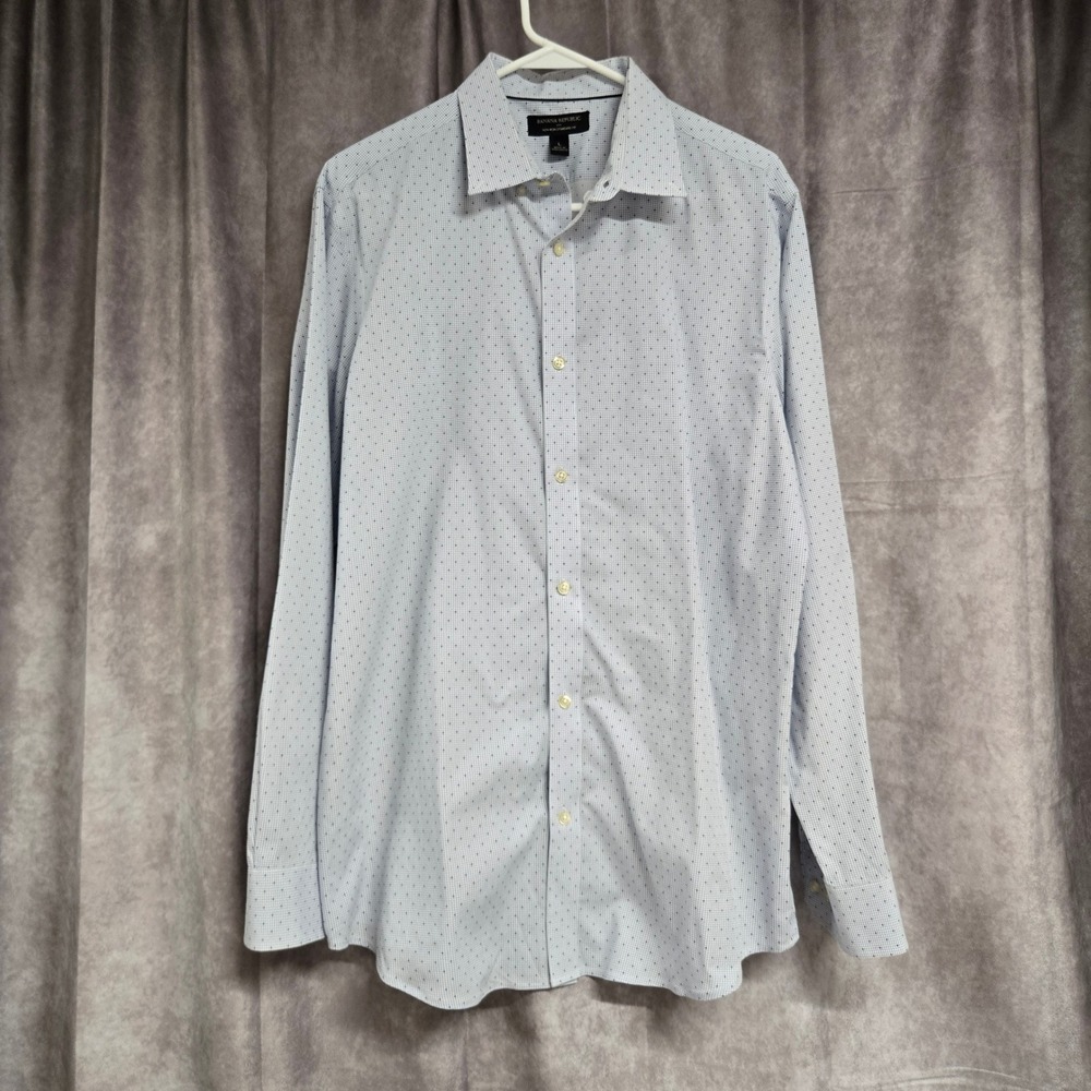 Banana‎ Republic Non-Iron Standard Fit Shirt Blue White Polka Dot Check Men's L